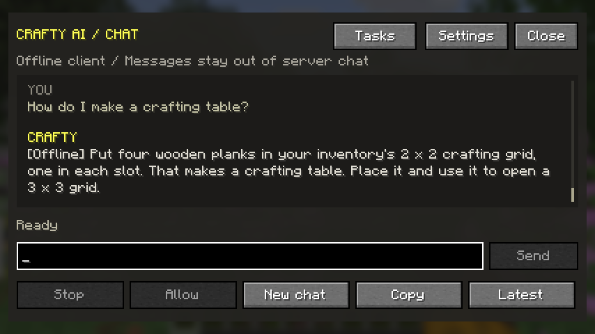 CraftyAI client chat window in local mode
